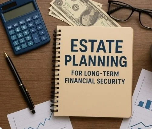 Notebook reading Estate Planning beside a calculator, pen and cash
