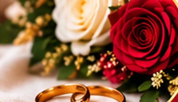 Wedding rings beside red and white roses
